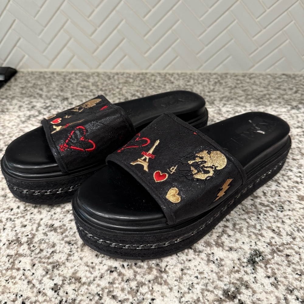 Karl Lagerfeld Black Platform Sandals with Playful Embroidery